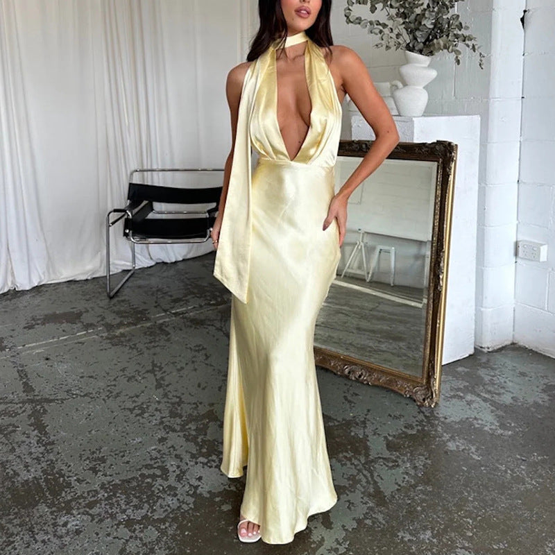 ins style sexy neck dress big halter solid color Spice girl fashion dress