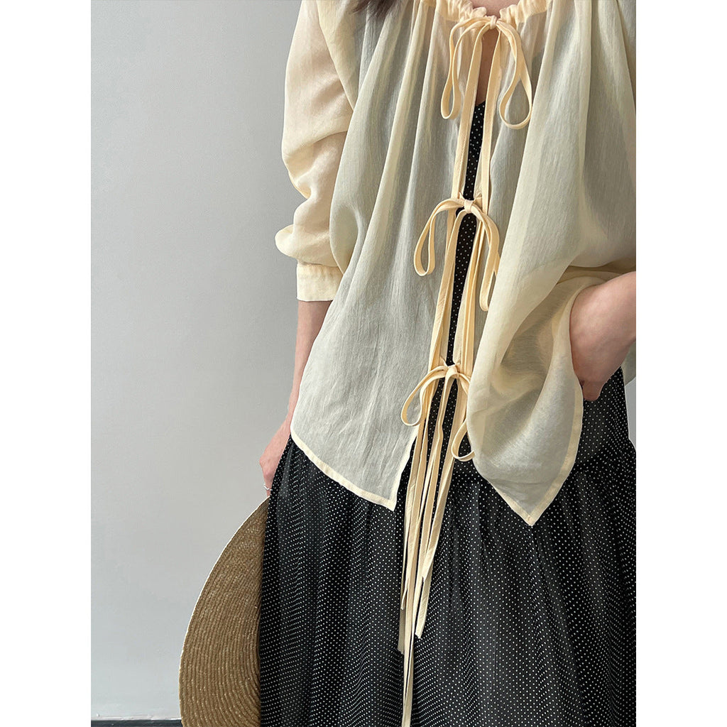 Korean drawstring shirt top women's spring new V-neck sunscreen shirt lace-up cardigan