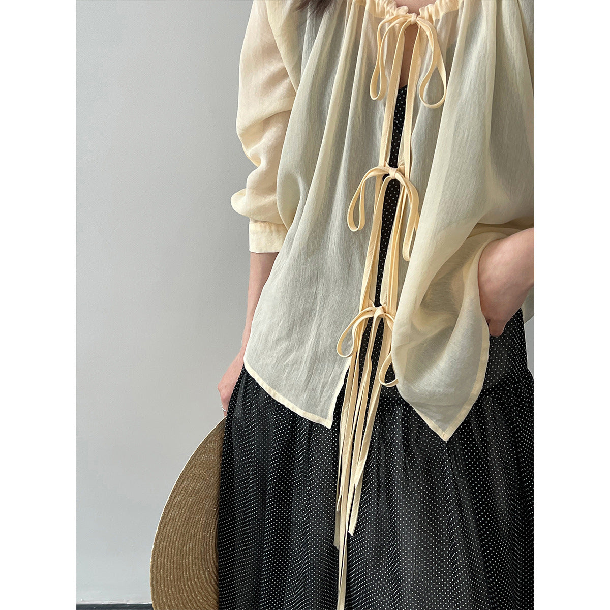 Korean drawstring shirt top women's spring new V-neck sunscreen shirt lace-up cardigan