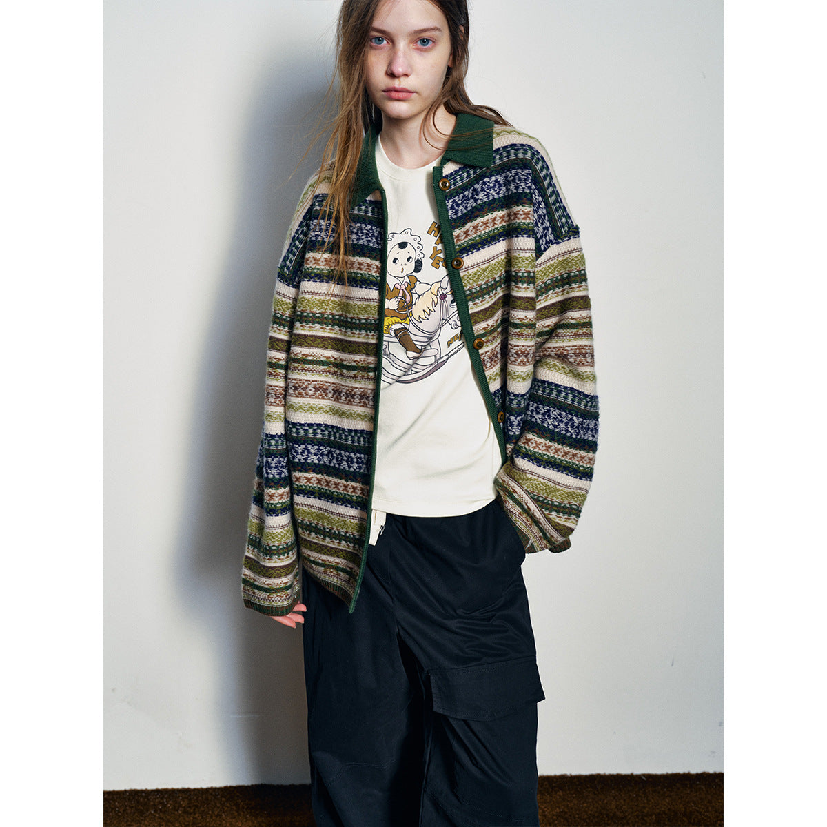 Winter new casual crew neck wool Fair Island floating line jacquard contrasting woolen cardigan