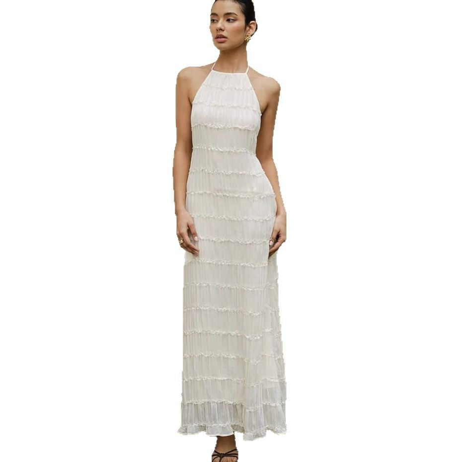 Women's pleated lace sexy halter neck holiday casual suspender dress