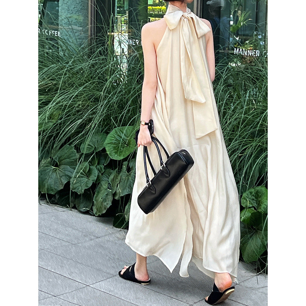 Temperament neck dress summer 2026 super fairy vacation off-the-shoulder Tencel suspender skirt
