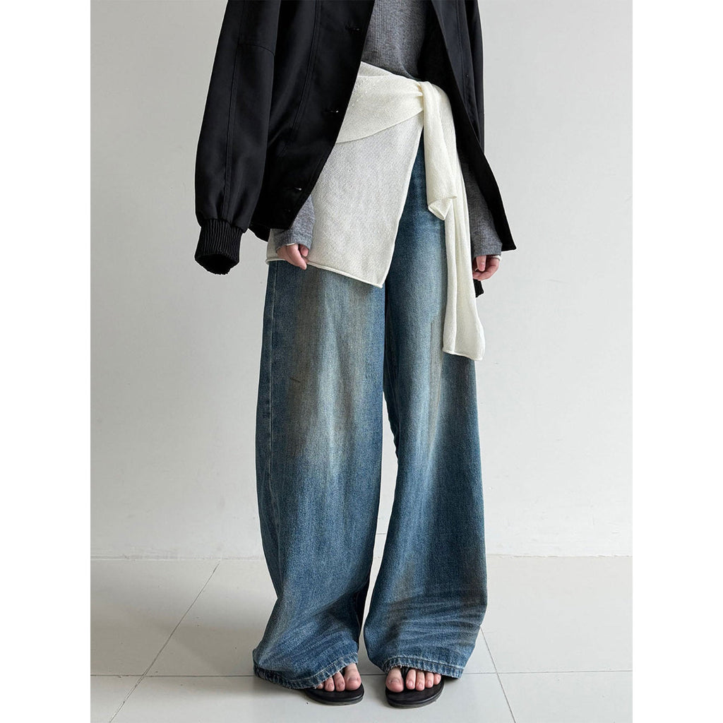 American retro wide-leg washed old jeans with rivet belt