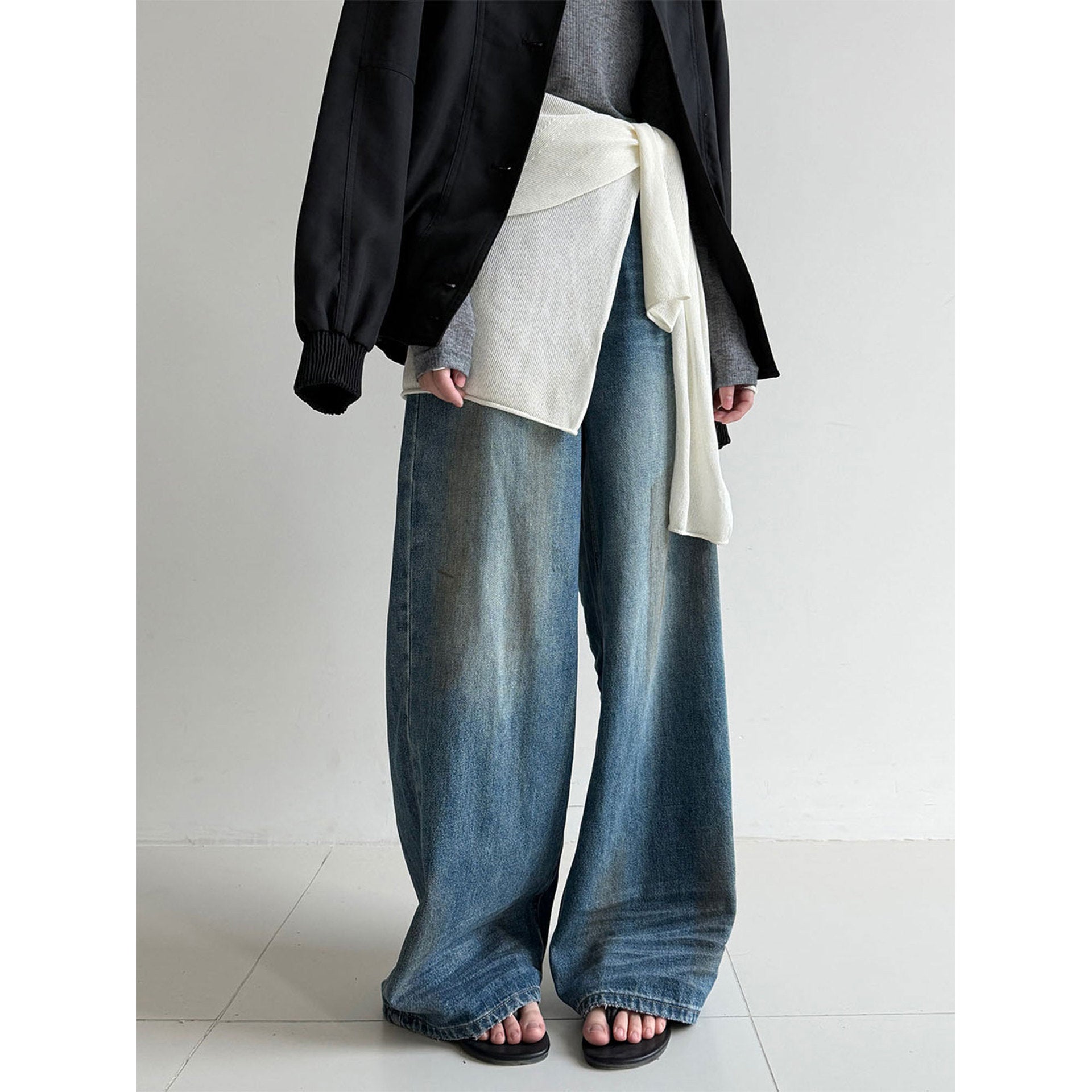American retro wide-leg washed old jeans with rivet belt