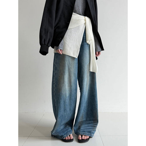 American retro wide-leg washed old jeans with rivet belt