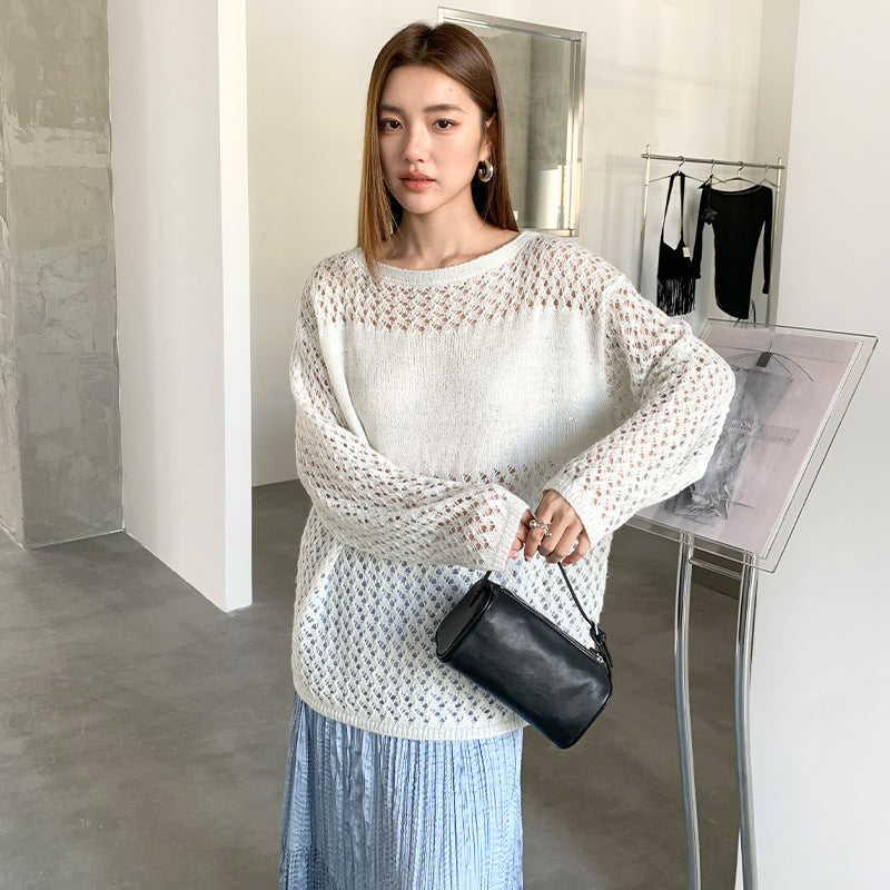White hollow knitted sweater women's spring lazy wind loose sequined sunscreen blouse