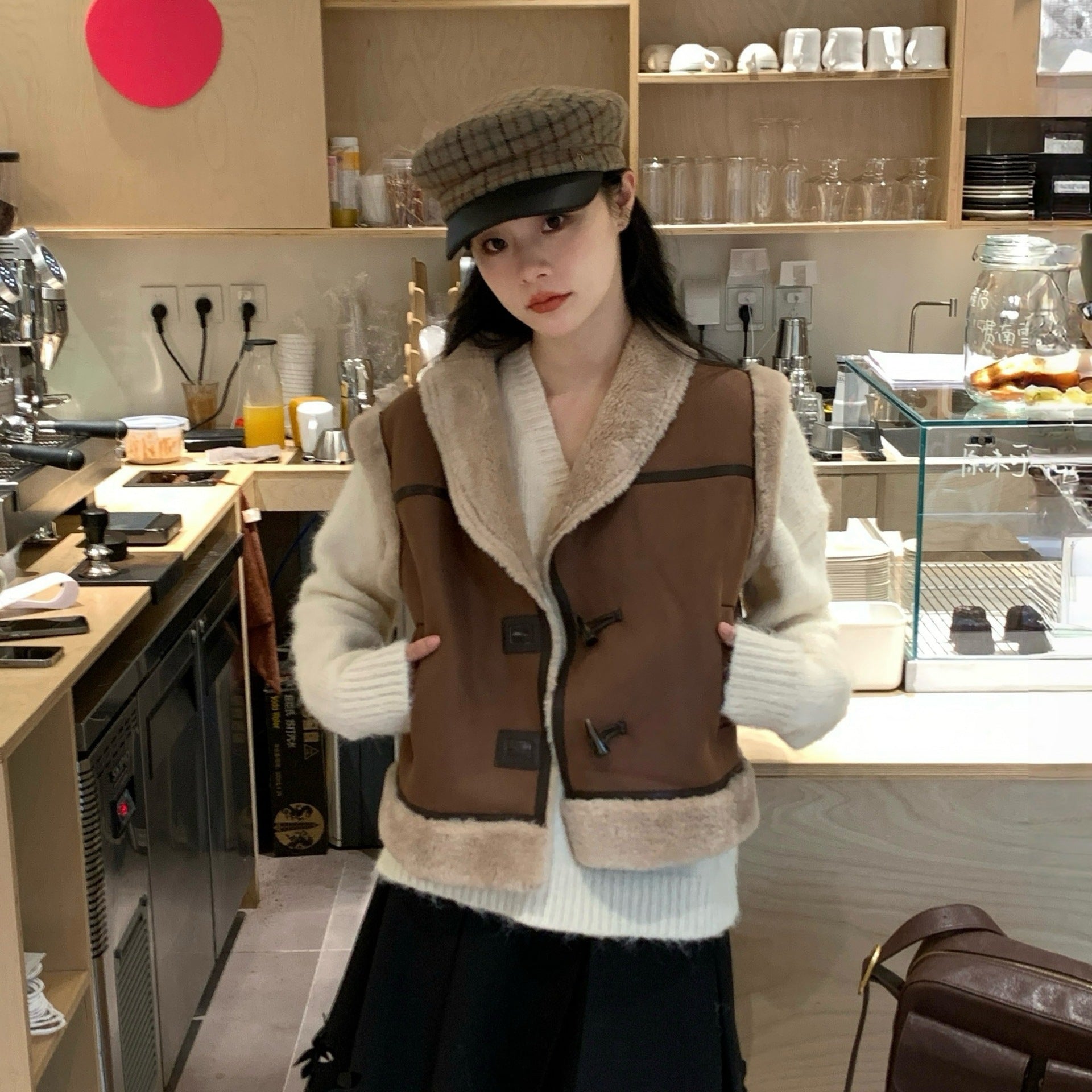 Plush horn buckle fur one-piece vest jacket
