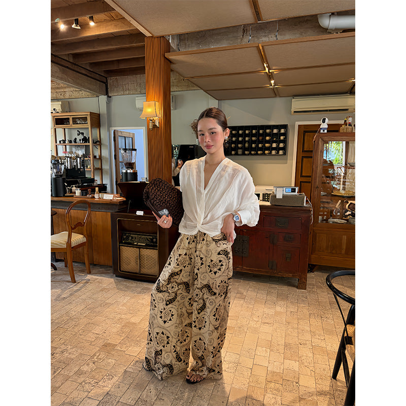 Chunbo Jubilee Tencel ethnic style retro lace-up print wide-leg pants