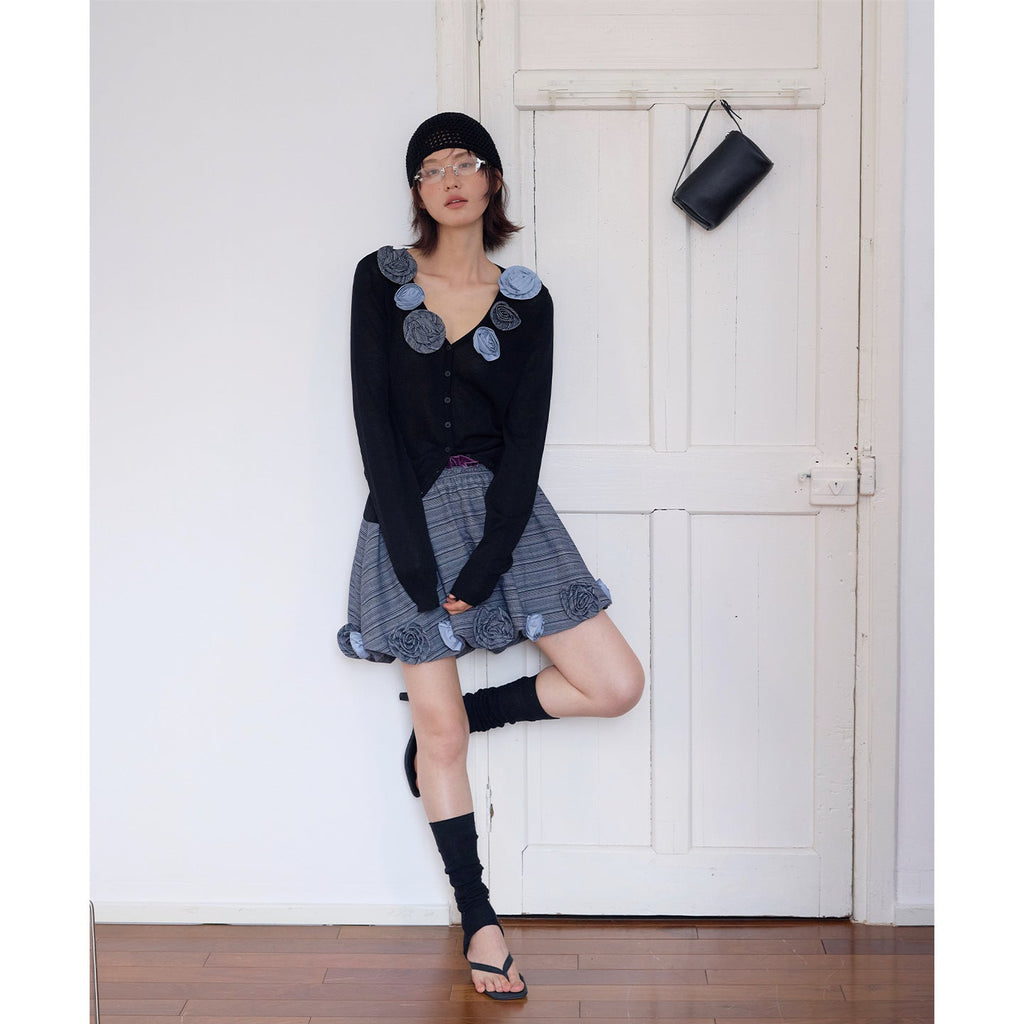 Three-dimensional rose linen cardigan V-neck knitted sweater top women [not machine washable]