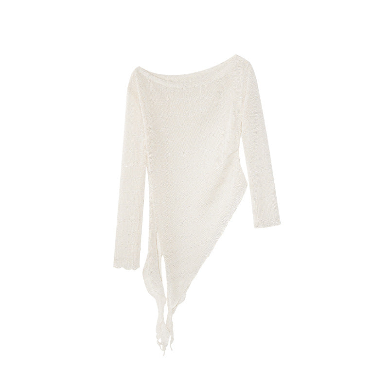 Women's Asymmetric Off-Shoulder Hollow-Out Knit Pullover Sweater