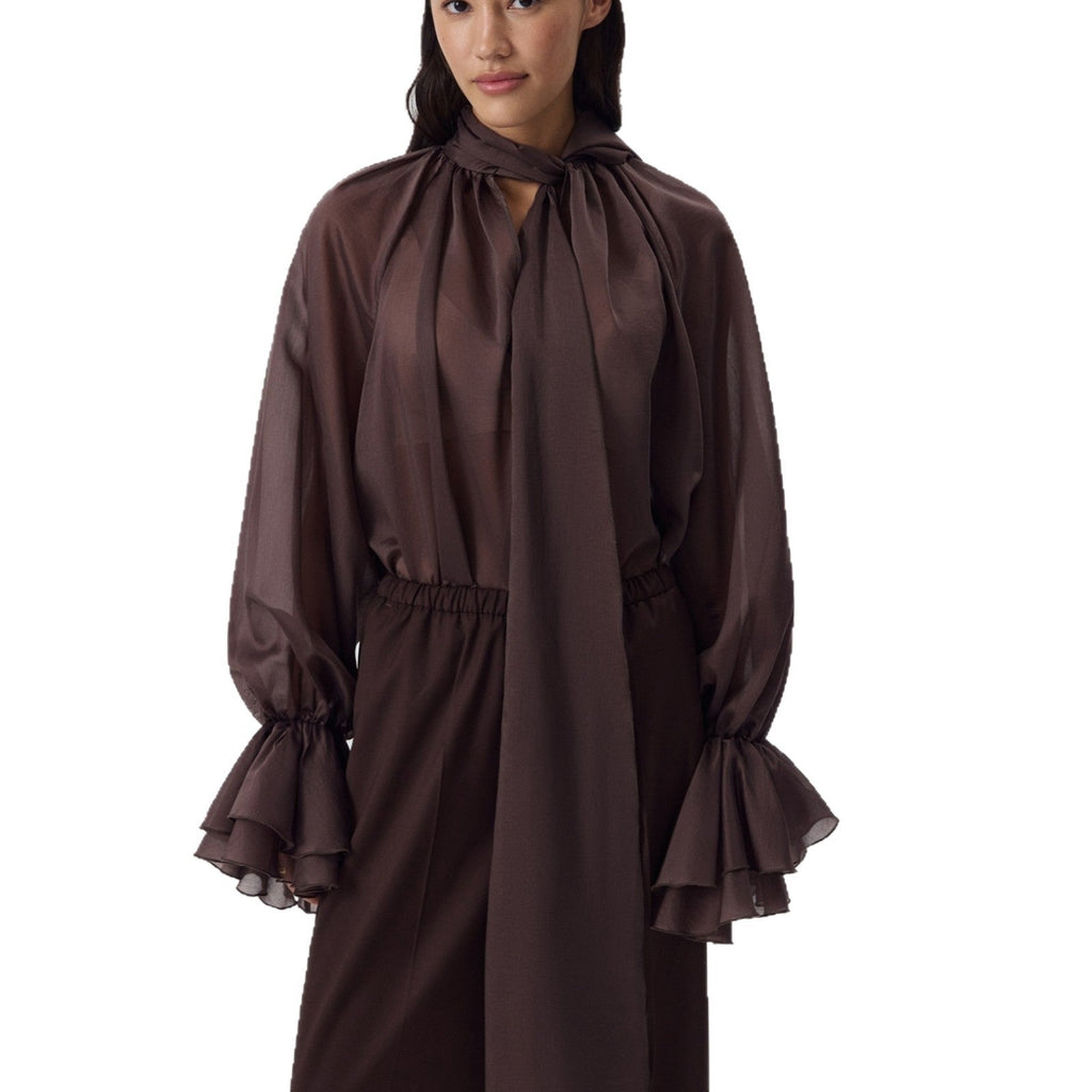 Autumn and winter ruffle shirt French temperament V-neck streamer ice silk horn sleeve top