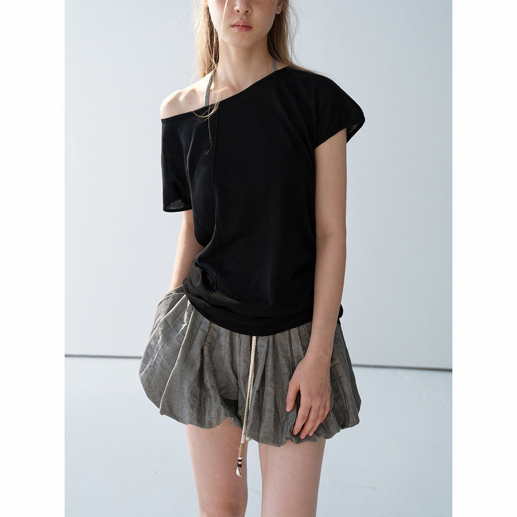 Summer new casual super cool hemp boat collar shoulder Tencel light knitted bottoming shirt