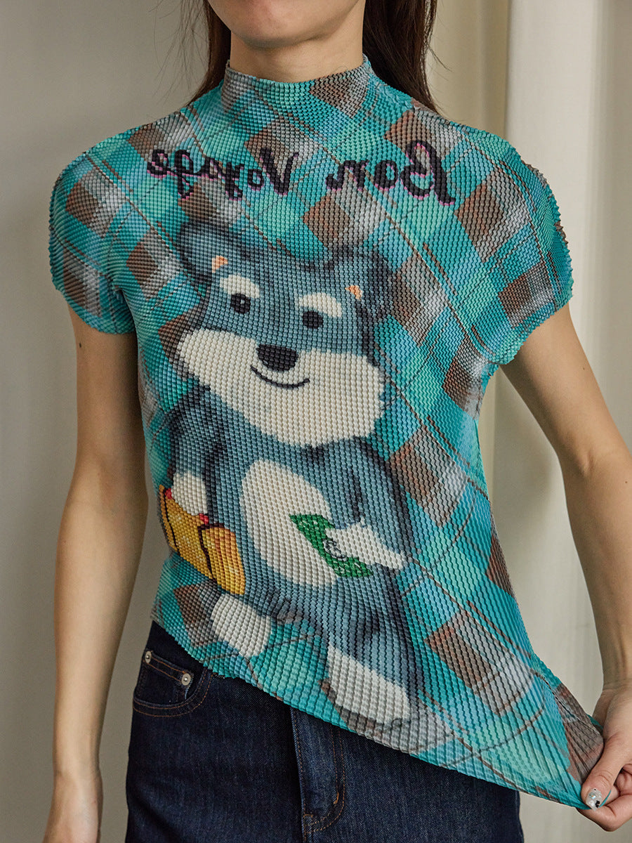 High Elasticity Fun Printing Flesh Cover Skinny Shoulder Short Sleeves