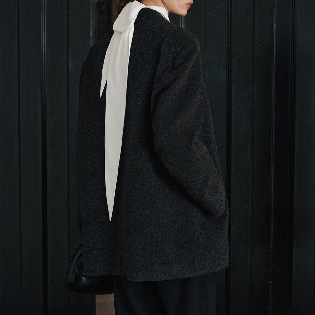 Lapel Long Sleeve Shirt Women Slim Fit Solid Color Tie-Front Top