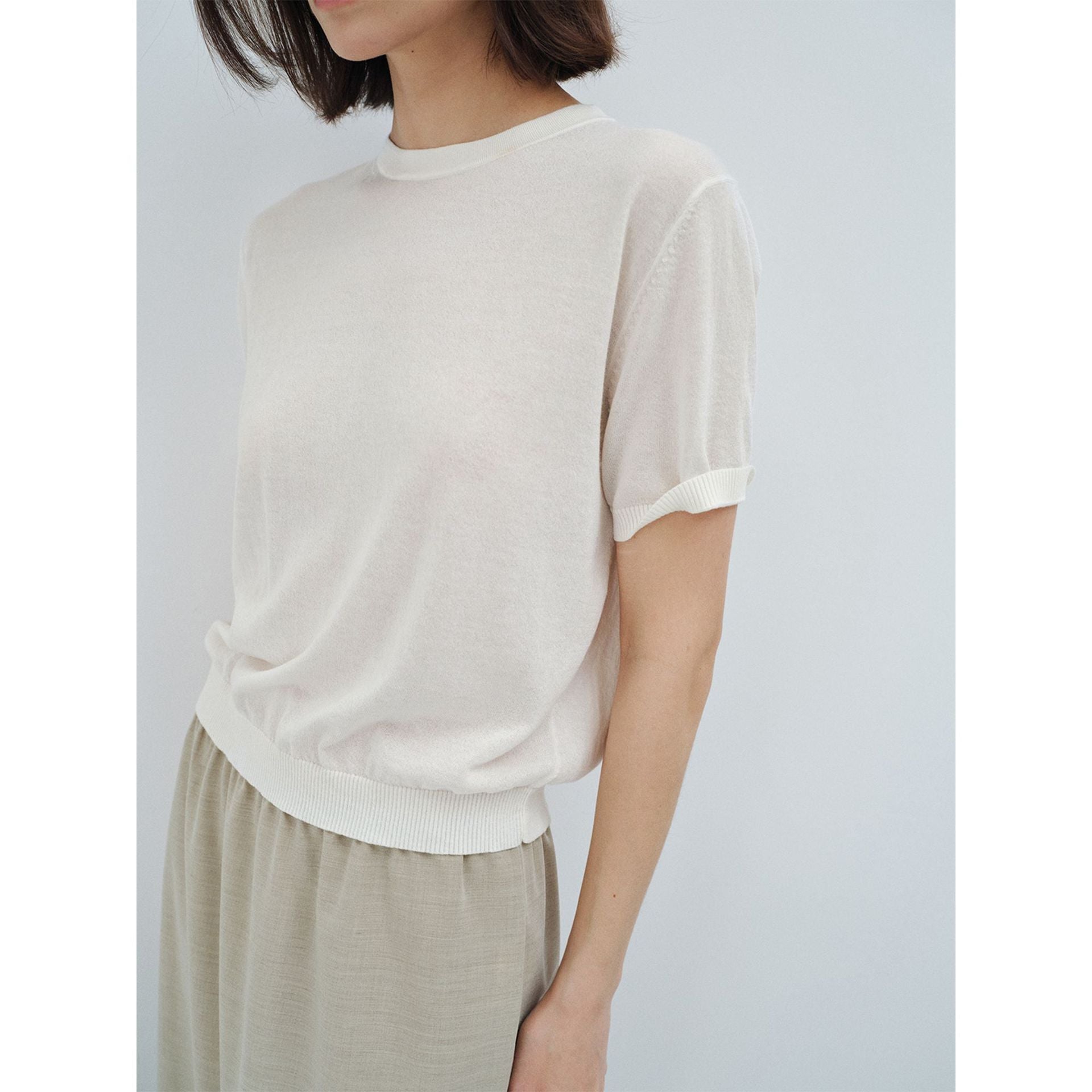 Spring light and soft acetate wool crew neck waist texture knitted sweater