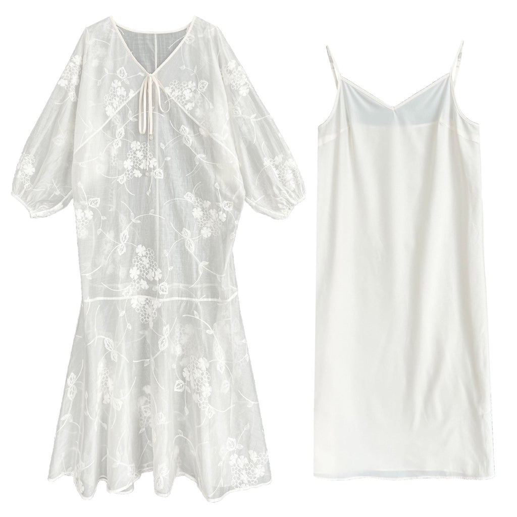 Heavy industry embroidered mesh skirt + V-neck suspender skirt two-piece summer vacation dress