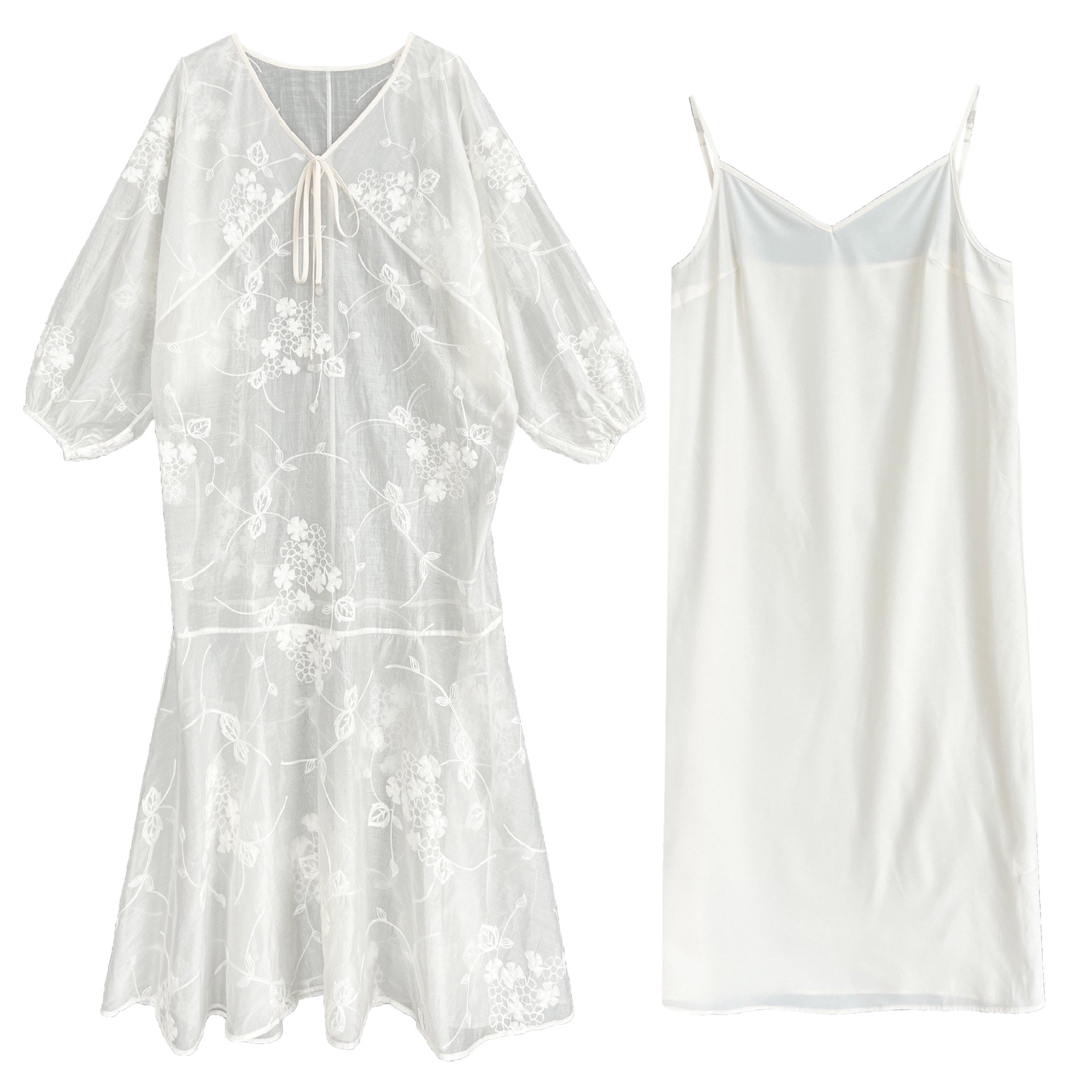 Heavy industry embroidered mesh skirt + V-neck suspender skirt two-piece summer vacation dress