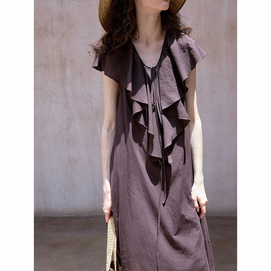 Pure cotton loose design ruffle edge minimalist and thin sleeveless V-neck lace-up dress