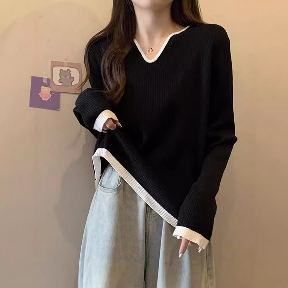Color Block Long Sleeve T-Shirt Women Loose Fit V-Neck Mid-Length Top