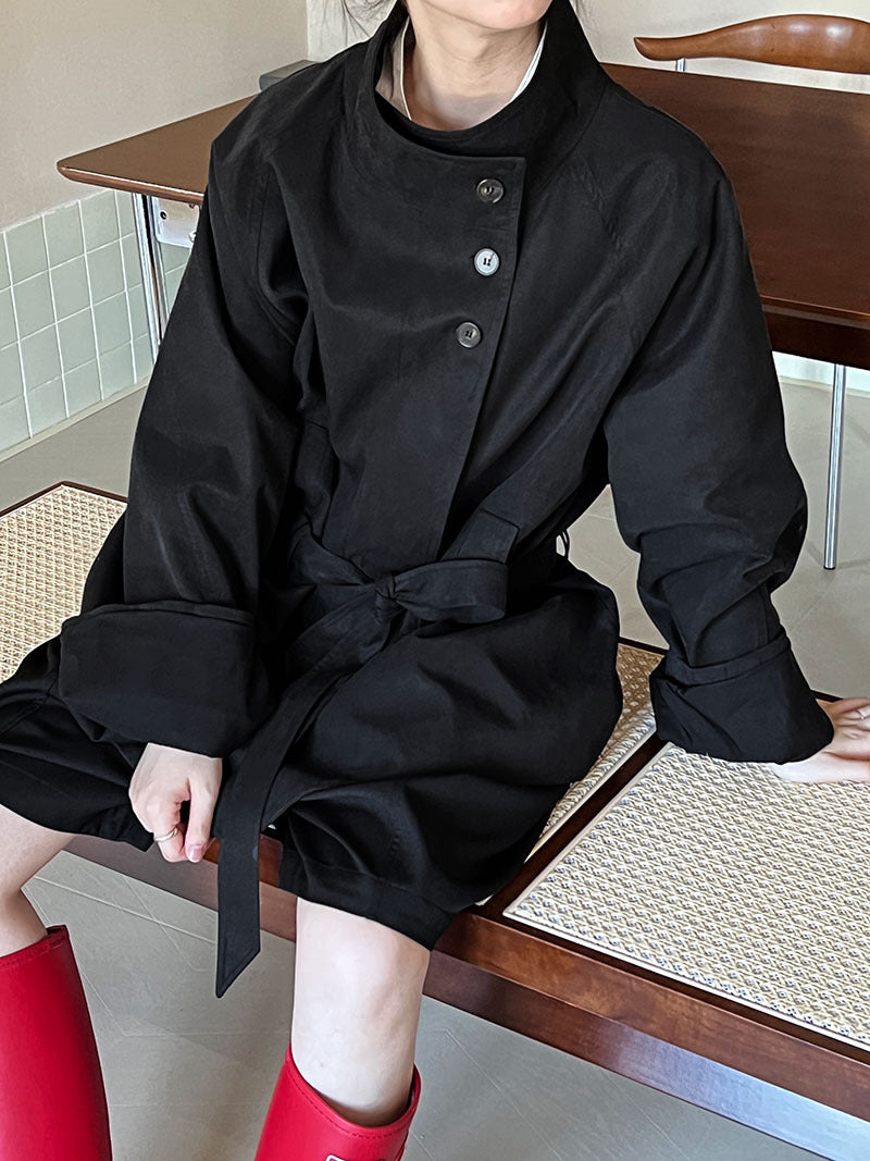 Autumn solid color stand-up collar short trench coat