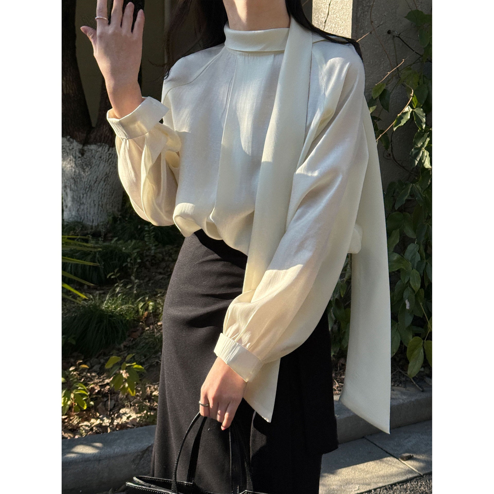 French gentle stand-up collar streamer long-sleeved shirt women's early spring new temperament versatile shirt
