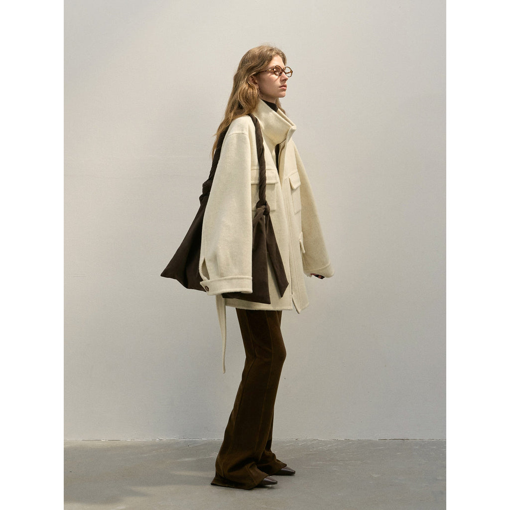 New design full wool double patch bag adjustable belt woolen jacket