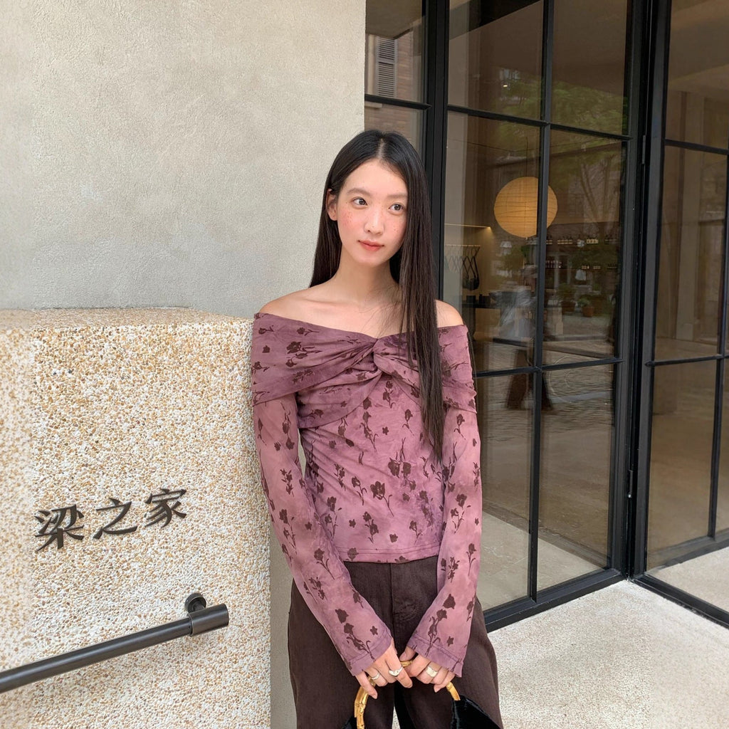 Temperament retro tea one-word shoulder floral slim-fit shirt