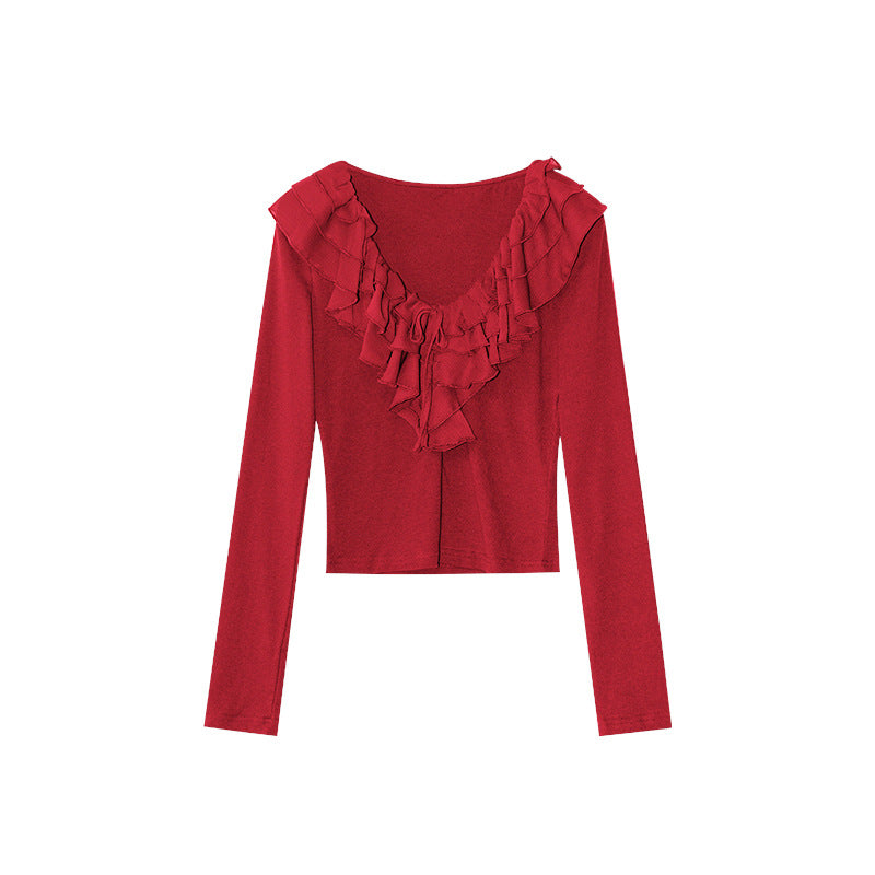 Sweet wind age-reducing ruffle edge slim-fitting long-sleeved bottoming shirt
