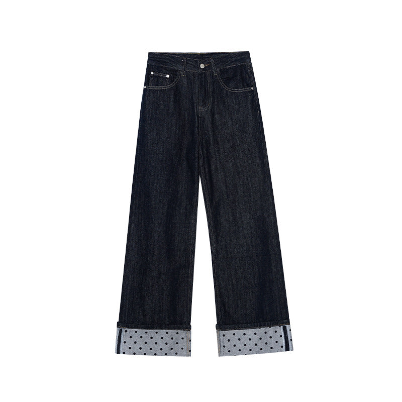 Versatile polyester cotton straight jeans women's curled design trousers