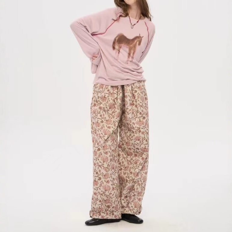 Hand-Painted Print Drop Shoulder Long Sleeve Top | Round Neck Loose Fit