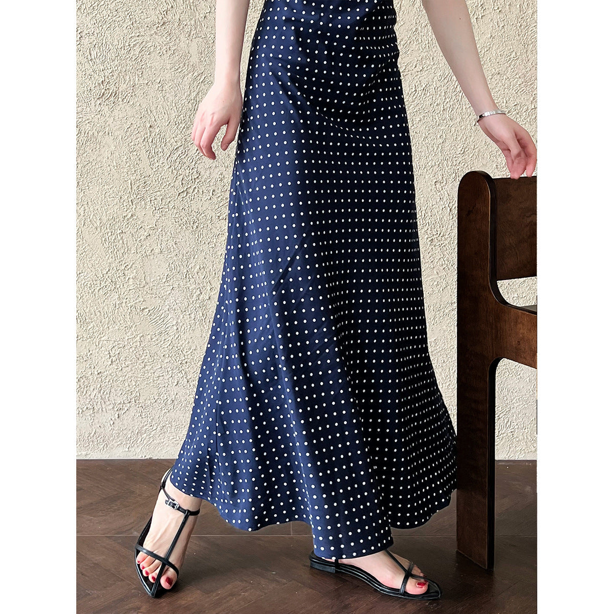 French lace splicing dress summer V-neck temperament polka dot waist slim skirt