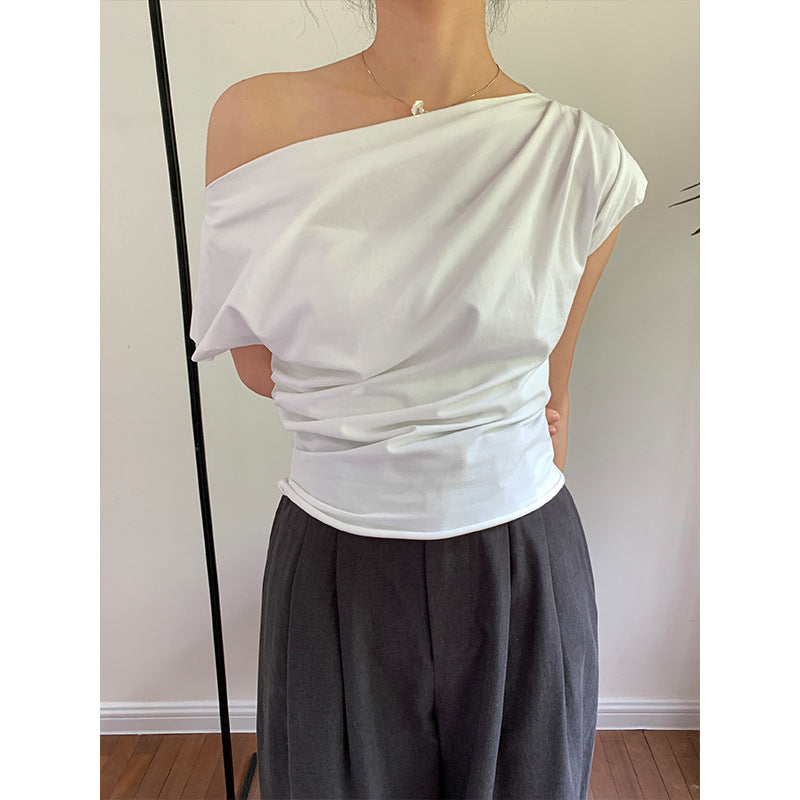Slant shoulder three-dimensional pull-out pleated slim-fit design short-sleeved T-shirt women