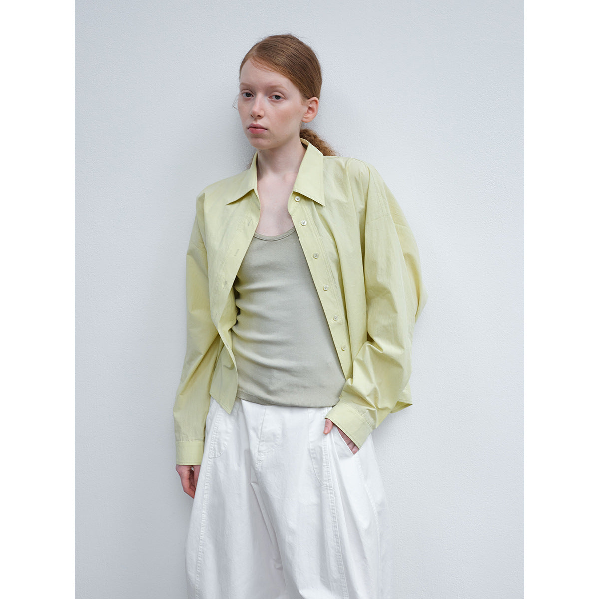 Spring new casual lapel solid color pure version basic triangular splicing short shirt