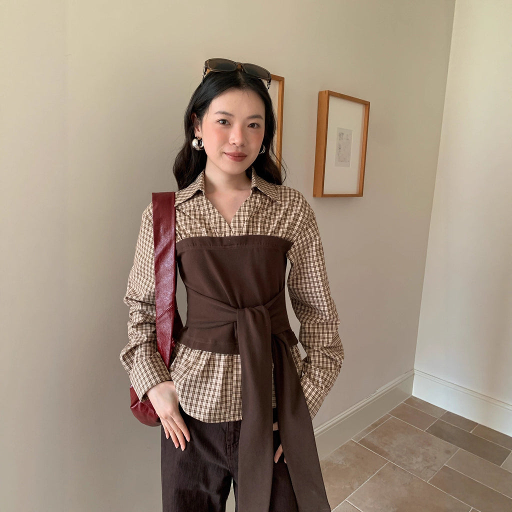 Fake two-piece contrasting splicing strap waist long-sleeved shirt