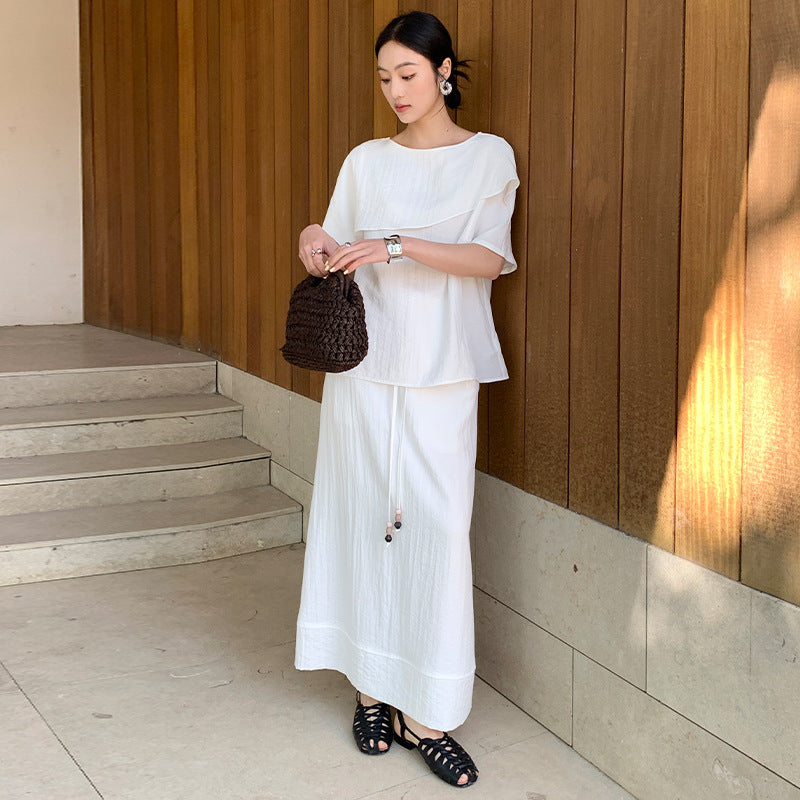 Temperament ruffle edge short-sleeved shirt + drawstring skirt two-piece set minimalist style suit spring and summer