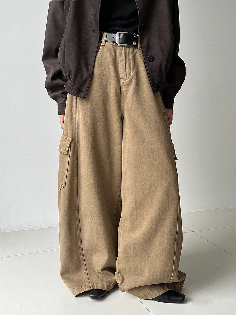 Korean retro big pocket tooling wide-leg pants