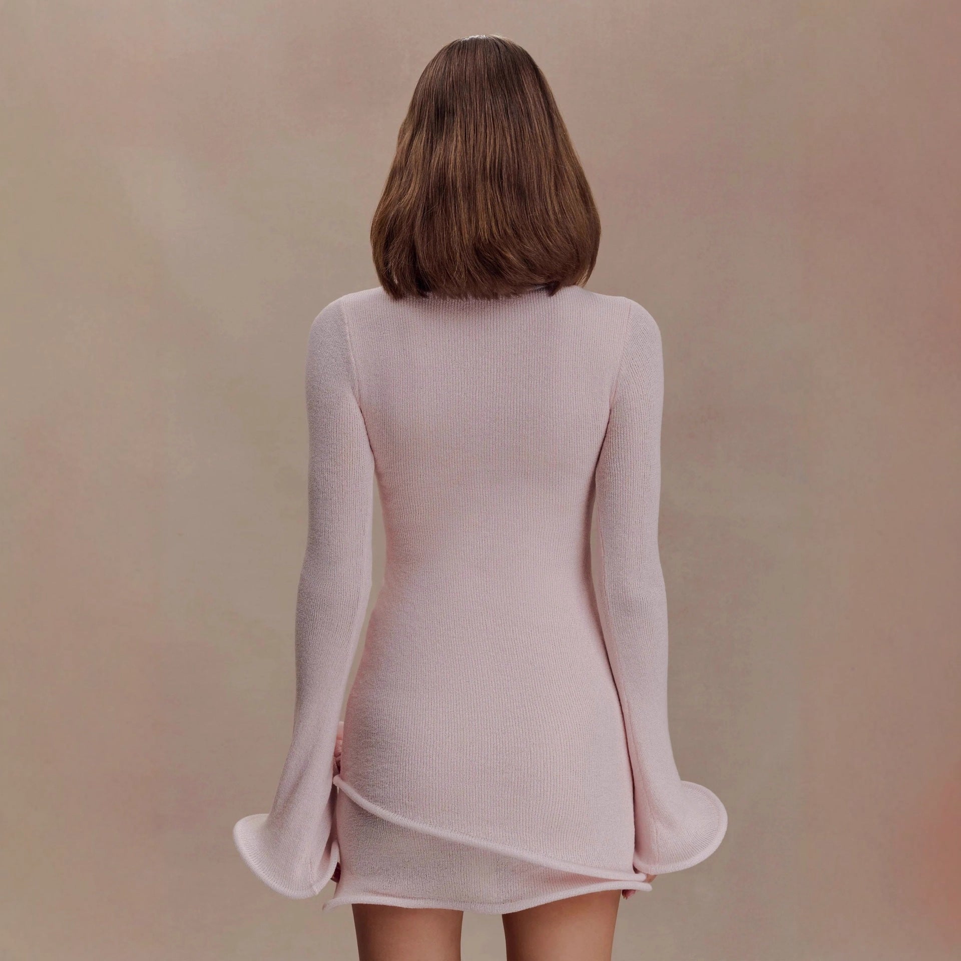 Long Sleeve Knitted Short Dress Sexy Fungus Curled Dress Three-dimensional Flower Autumn and Winter Dress