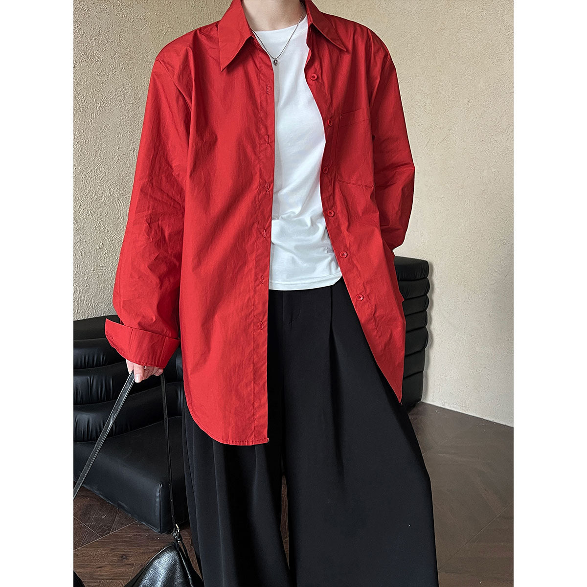 Korean version of chic loose silhouette shirt jacket women's commuter lapel versatile long-sleeved casual top