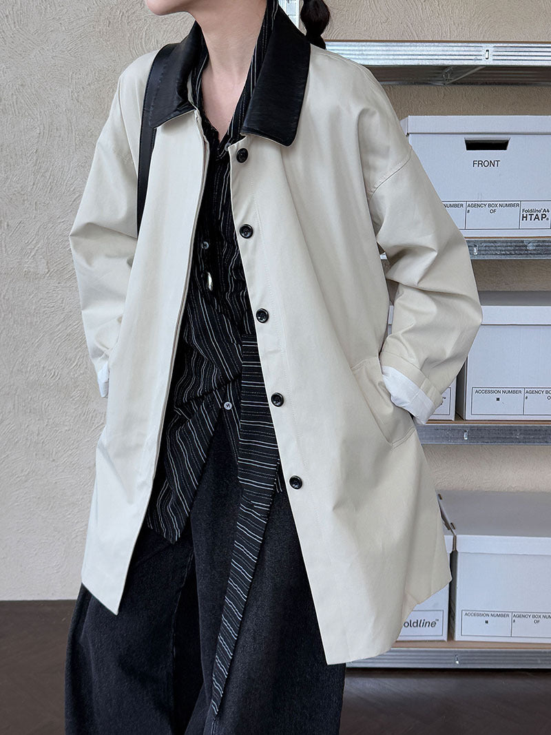 Korean silhouette medium and long contrasting color retro high-end coat autumn casual trench coat
