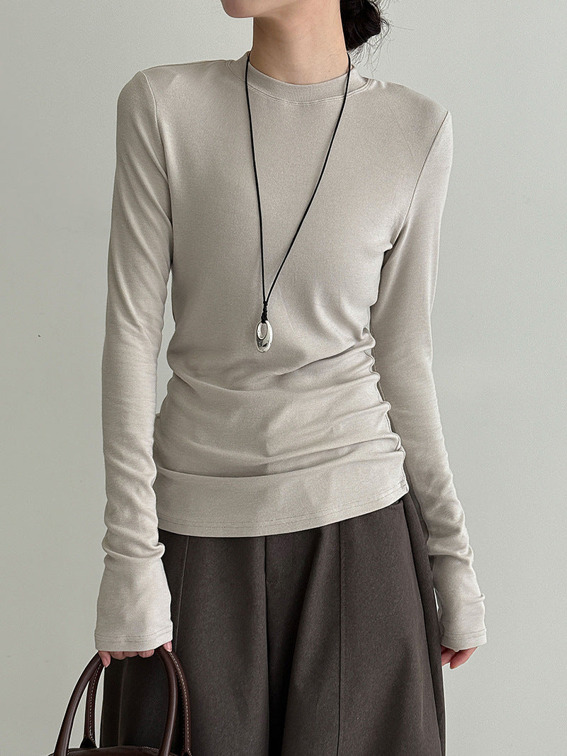Chic slim-fitting and thin solid-color crew-neck bottoming shirt with front shoulder long-sleeved top in autumn