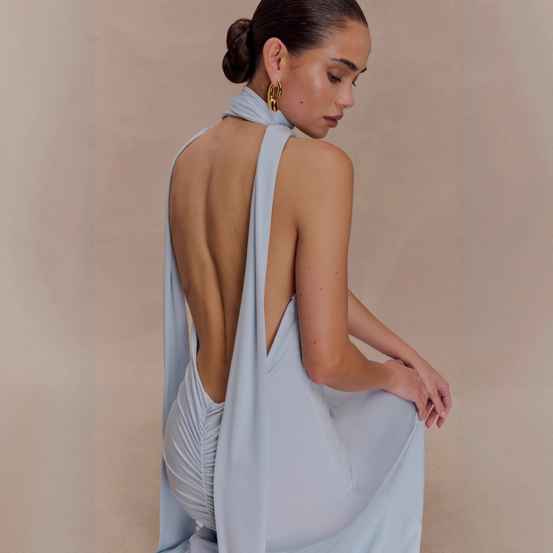 Fashion deep V streamer neck hip skirt waist pleated backless sexy dress