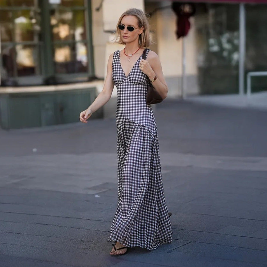 Stylish French plaid print split skirt waist sexy halter dress