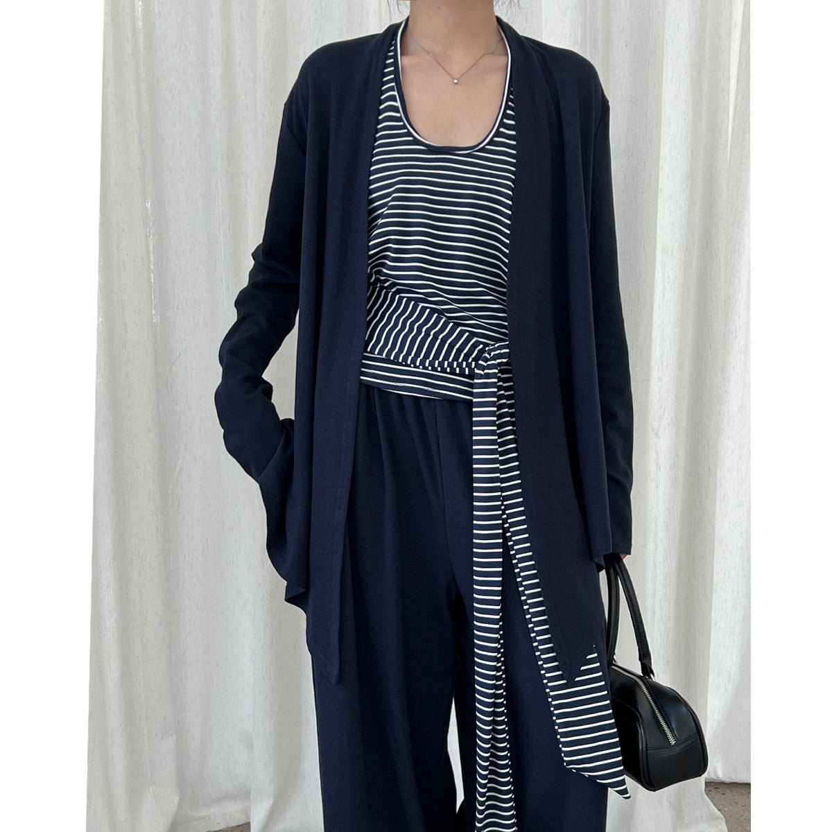 Striped neck vest + shawl cardigan + drape wide-leg pants women's 25 autumn new three-piece set