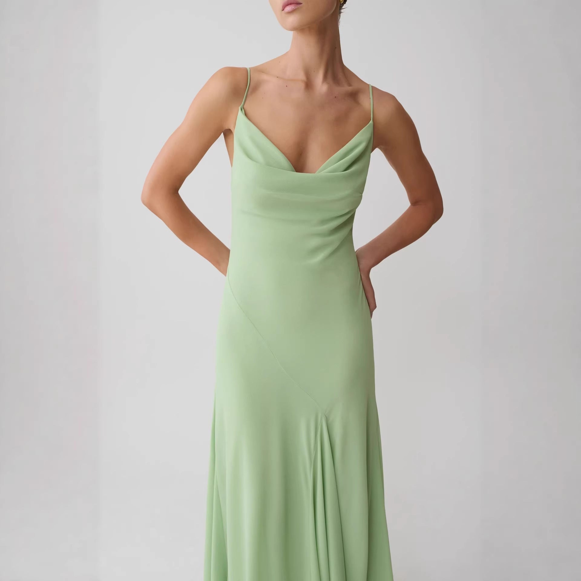High quality holiday chiffon suspender long dress wind swinging collar dress evening dress