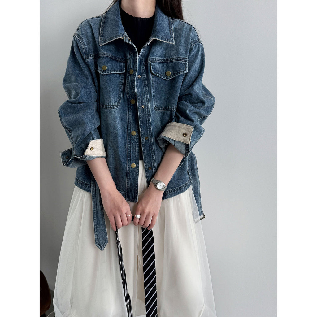 Vintage washed denim jacket women's spring new lapel lace-up waist jacket top