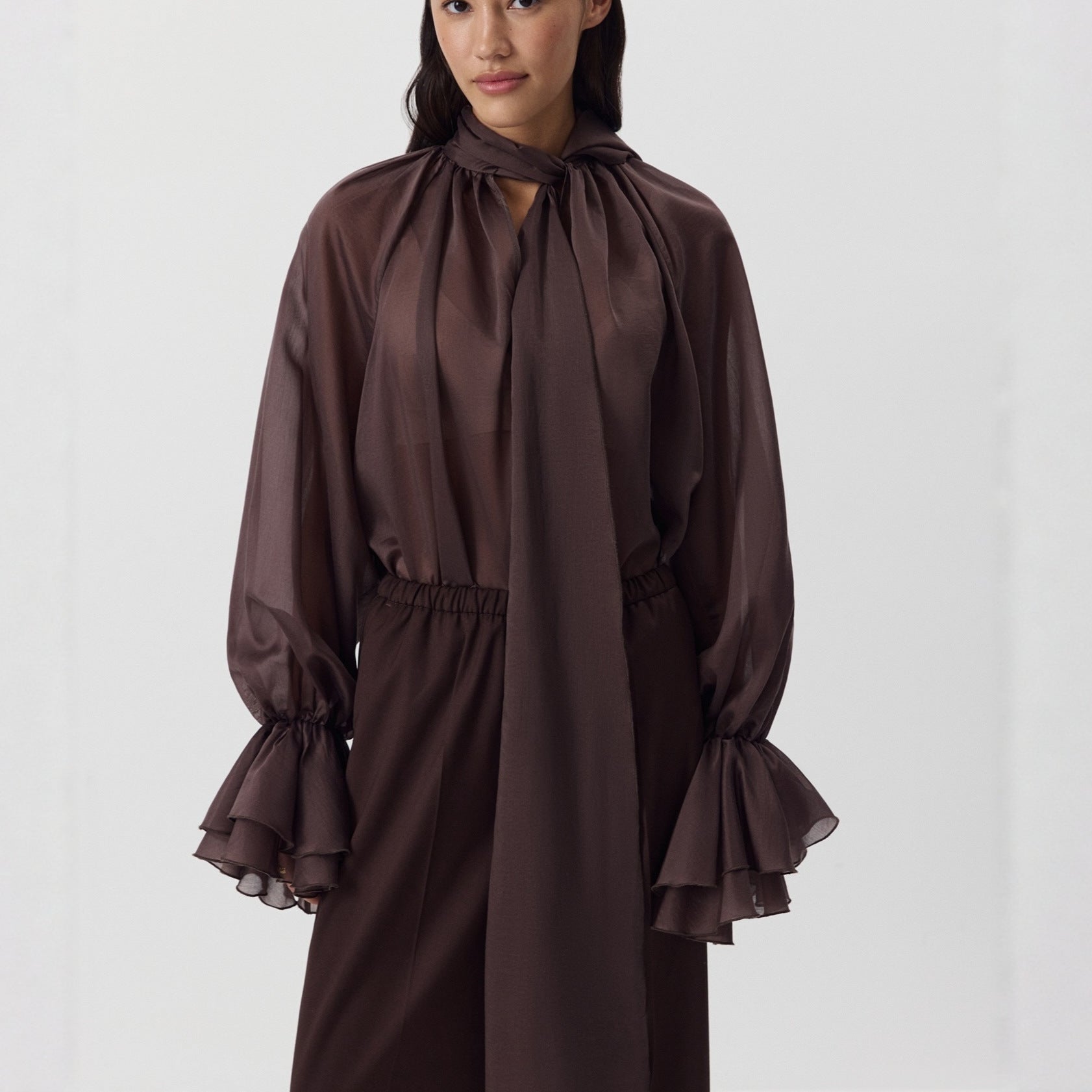 Autumn and winter ruffle shirt French temperament V-neck streamer ice silk horn sleeve top