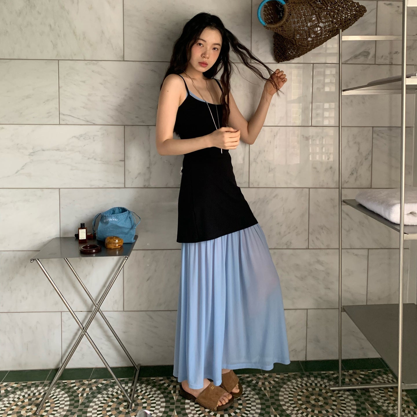French mesh stitching shows thin contrasting color minimalist suspender dress