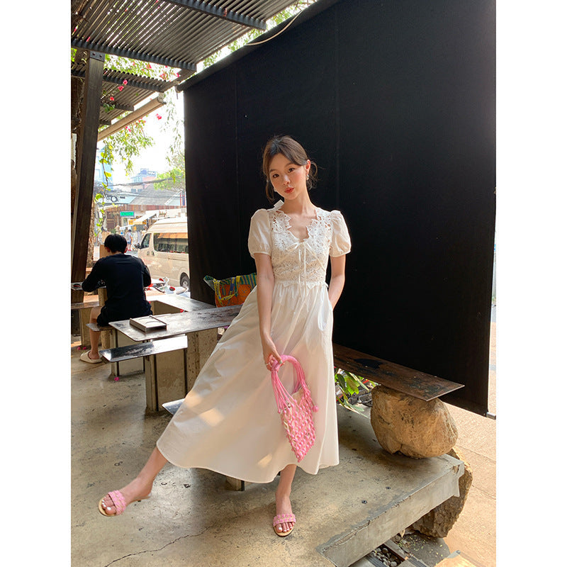 Summer French Stunning Waist Lace Heavy Industry Short Sleeve Dress
