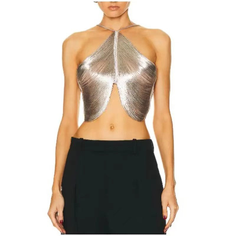Wind sexy off-the-shoulder sling small vest, irregular fringed neck top