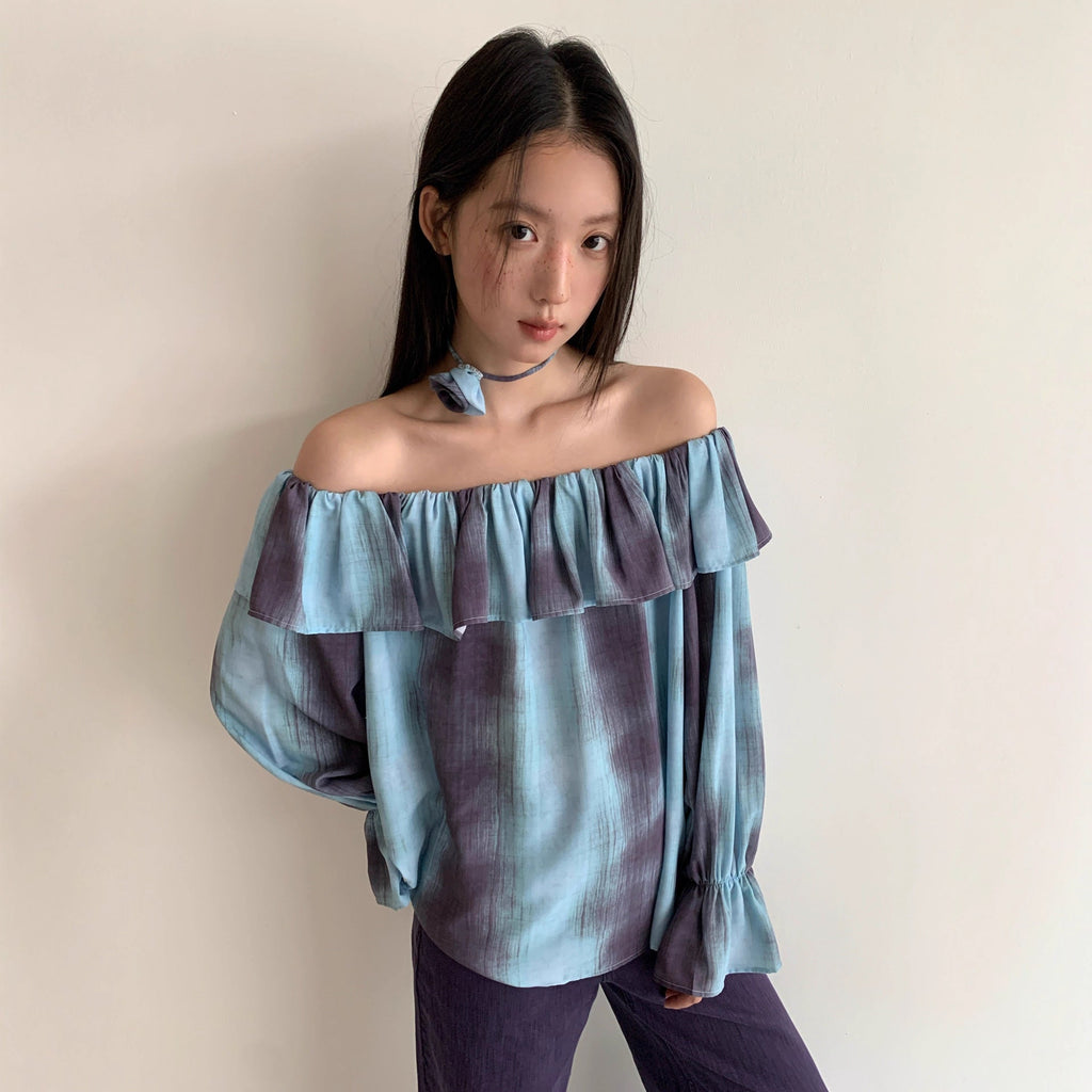Lotus leaf edge top shoulder long sleeve gradual change tie-dye shirt